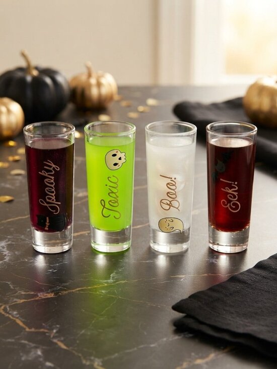 Other - Halloween Spooky Shot Glasses Set of 4 Black Cat Ghost Skull Barware